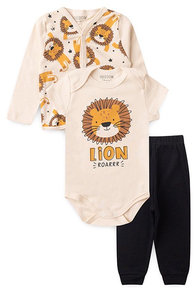 Kit Body, Mijão e Casaco Bebê Creme e Preto Leão (RN/P/M/G/GG) - Freedom Baby - Tamanho GG - Creme,Preto