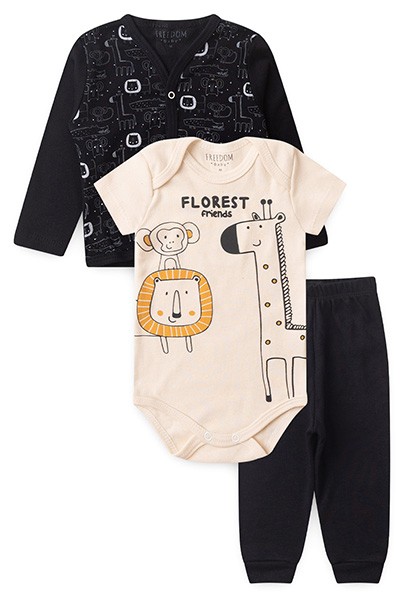 Kit Body, Mijão e Casaco Bebê Creme e Preto Safari (RN/P/M/G/GG) - Freedom Baby - Tamanho GG - Creme,Preto
