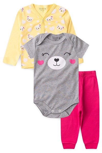 Kit Body, Mijão e Casaco Bebê Mescla, Amarelo e Rosa Ursinha (RN/P/M/G/GG) - Freedom Baby - Tamanho G - Mescla,Amarelo,Rosa