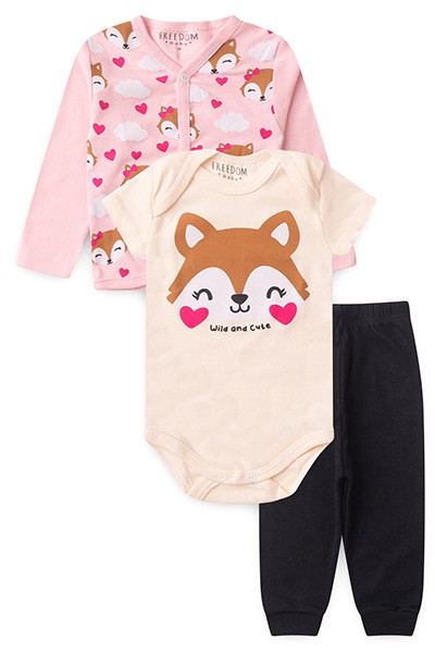 Kit Bebê Feminino Body, Mijão e Casaco Rosa e Creme Raposa (RN/P/M/G/GG) - Freedom Baby - Tamanho P - Creme,Rosa,Preto