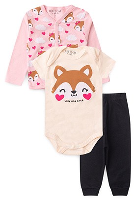 Kit Beb� Feminino Body, Mij�o e Casaco Rosa e Creme Raposa (RN/P/M/G/GG) - Freedom Baby