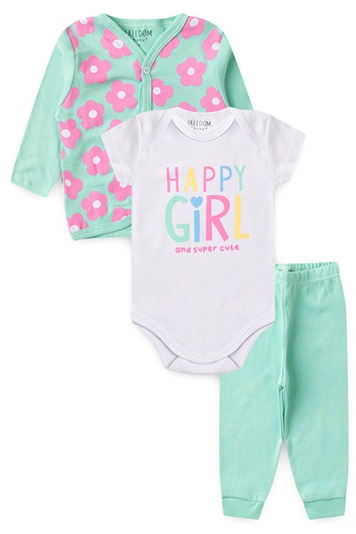 Kit Bebê Feminino Body, Mijão e Casaco Verde Água e Branco Flores (RN/P/M/G/GG) - Freedom Baby - Tamanho M - Branco,Verde Água