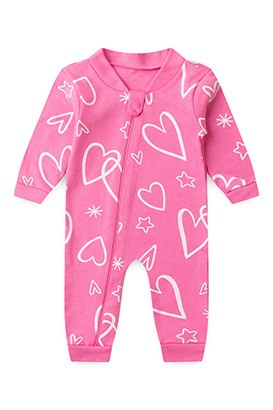 Macacão Bebê Feminino sem Pé Suedine Rosa Coraçãozinho (RN/P/M/G) - Bebê Fofuxo