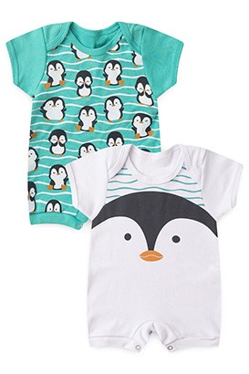Kit Bebê Banho de Sol Suedine Branco e Verde Água Pinguim (P/M/G) - Bebê Fofuxo
