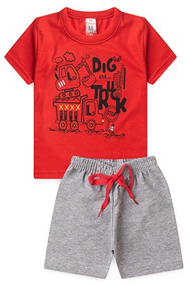 Conjunto Bebê Masculino Camiseta Vermelho Bermuda Moletinho Mescla Caminhão (1/2/3) - Cleomara