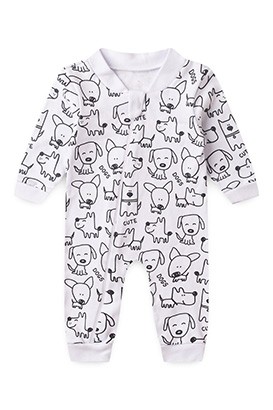 Macacão Bebê sem Pé Suedine Branco Doguinho (RN/P/M/G) - Bebê Fofuxo