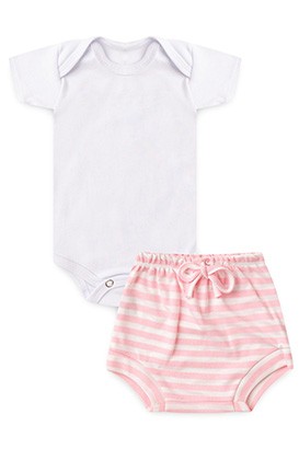 Conjunto Beb� Feminino Body Branco e Tapa Fralda Rosa Listrado (P/M/G/GG) - Beb� Fofuxo