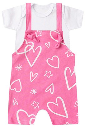 Conjunto Bebê Feminino Algodão Body Branco e Jardineira Rosa Coração (P/M/G/1) - Bebê Fofuxo