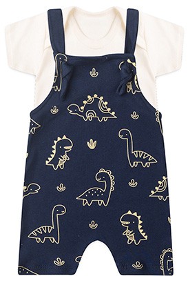 Conjunto Bebê Algodão Body Off White e Jardineira Marinho Dino (P/M/G/1) - Bebê Fofuxo