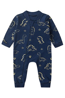 Macacão Bebê sem Pé Suedine Marinho Dino (RN/P/M/G) - Bebê Fofuxo