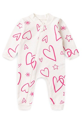 Macacão Bebê Feminino sem Pé Suedine Off White Coração (RN/P/M/G) - Bebê Fofuxo