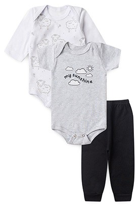 Kit Beb� (3 Pe�as) Bodies Mescla e Branco com Mij�o Preto Ovelhinha (RN/P/M/G) - Beb� Fofuxo