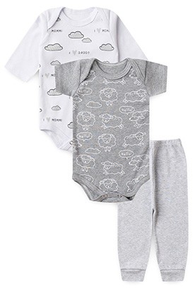 Kit Beb� (3 Pe�as) Bodies Mescla e Branco com Mij�o Ovelhinha (RN/P/M/G) - Beb� Fofuxo