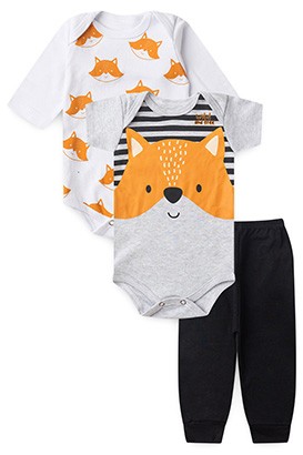 Kit Bebê (3 Peças) Bodies Mescla e Branco com Mijão Preto Raposinha (RN/P/M/G) - Bebê Fofuxo