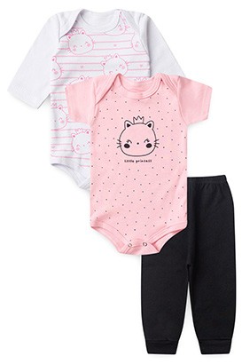 Kit Beb� Feminino (3 Pe�as) Bodies Rosa e Branco com Mij�o Preto Gatinha (RN/P/M/G) - Beb� Fofuxo