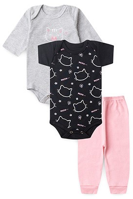 Kit Beb� Feminino (3 Pe�as) Bodies Preto e Mescla com Mij�o Rosa Gatinha (RN/P/M/G) - Beb� Fofuxo