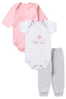 Kit Beb� Feminino (3 Pe�as) Bodies Branco e Rosa com Mij�o Mescla Cora��o (RN/P/M/G) - Beb� Fofuxo