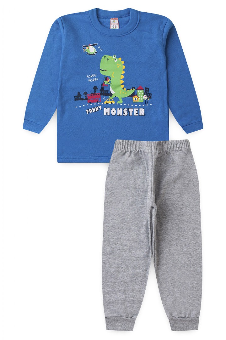 Conjunto Bebê Masculino Moletom Blusa Azul Royal Dino e Calça Mescla (1/2/3) - Cleomara