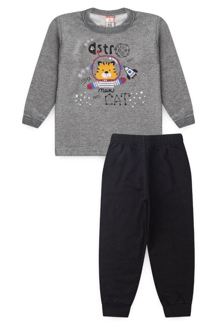Conjunto Bebê Masculino Moletom Blusa Cinza Tigrinho Foguete e Calça Preta (1/2/3) - Cleomara