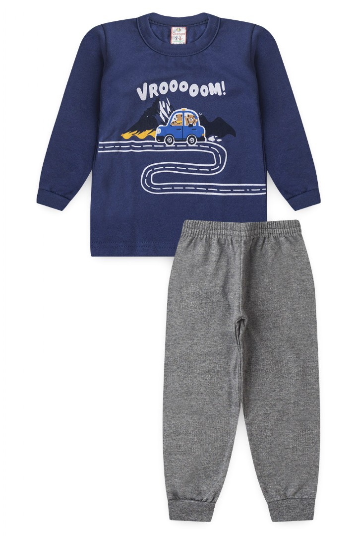 Conjunto Bebê Masculino Moletom Blusa Marinho Carro na Estrada e Calça Cinza (1/2/3) - Cleomara