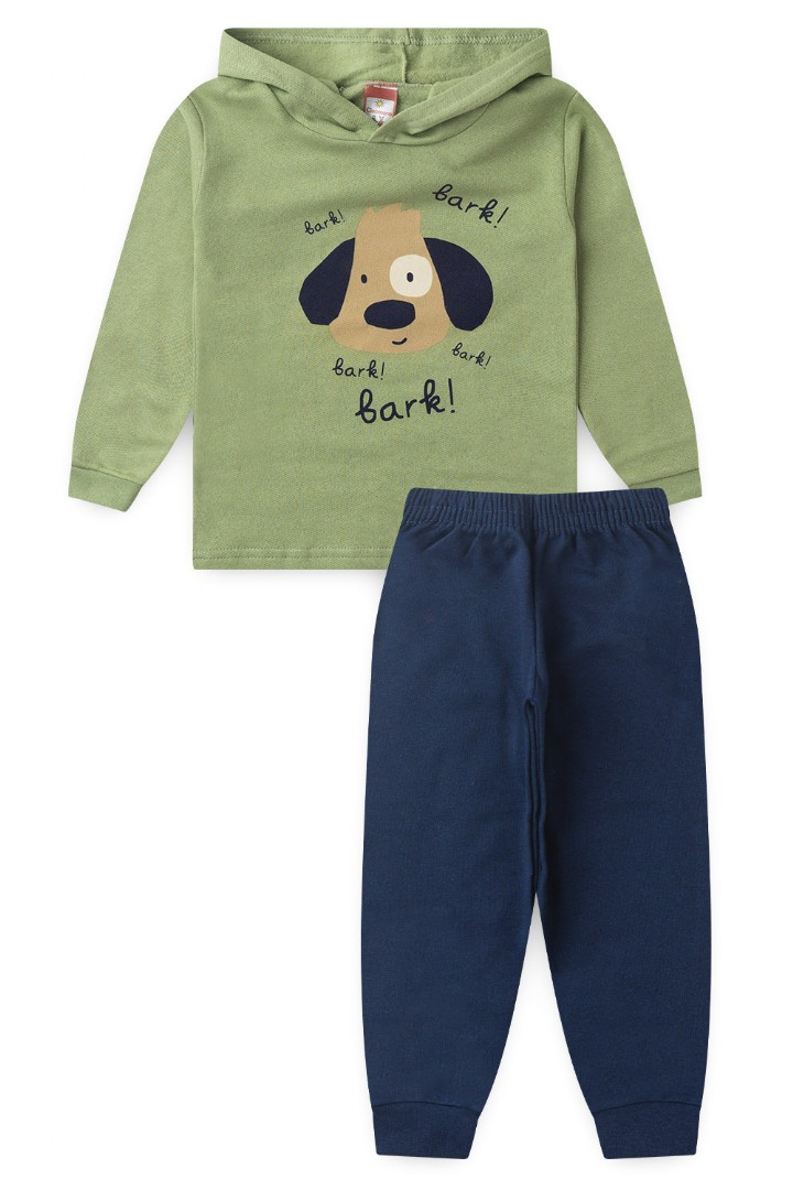 Conjunto Beb� Masculino Moletom Blusa com Capuz Verde Cachorrinho e Cal�a Marinho (1/2/3) - Cleomara