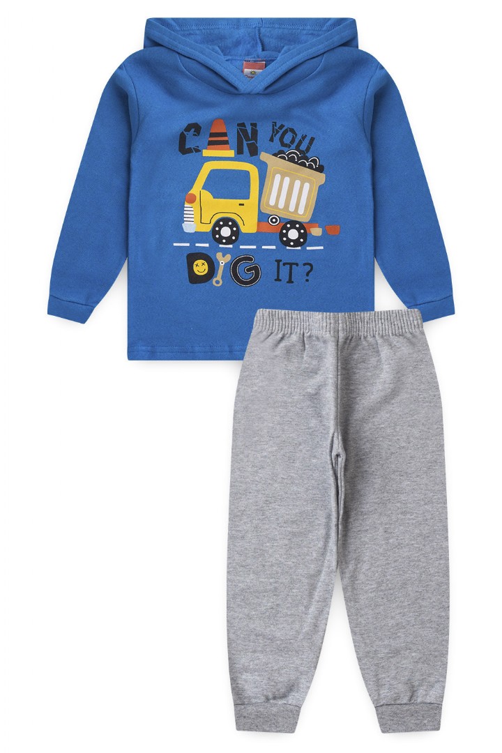 Conjunto Beb� Masculino Moletom Blusa com Capuz Azul Caminh�o e Cal�a Mescla (1/2/3) - Cleomara