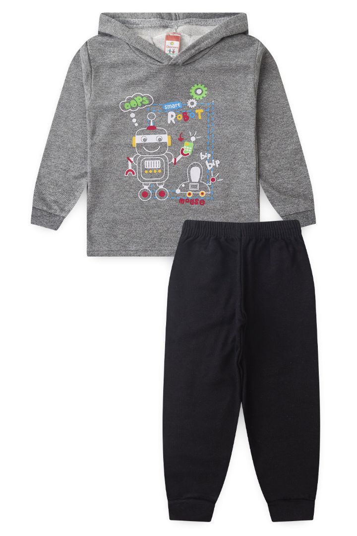 Conjunto Bebê Masculino Moletom Blusa com Capuz Cinza Robô e Calça Preta (1/2/3) - Cleomara