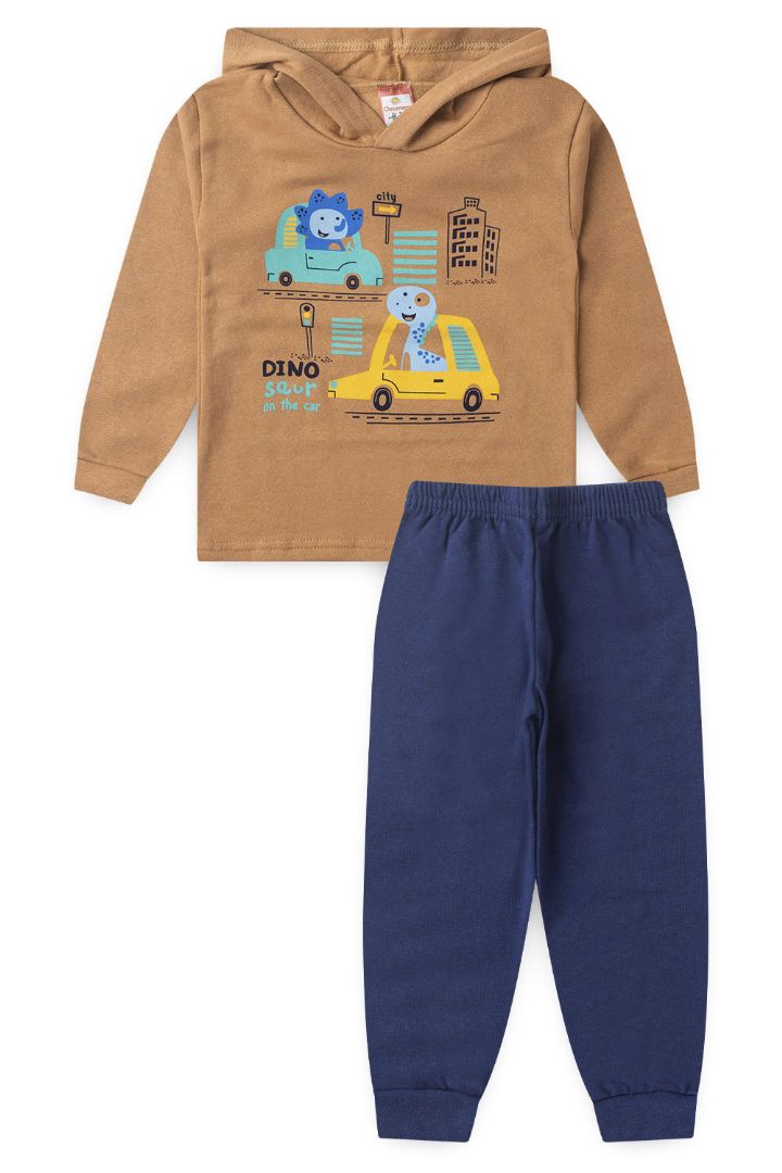 Conjunto Beb� Masculino Moletom Blusa com Capuz Marrom Dino Carro e Cal�a Marinho (1/2/3) - Cleomara