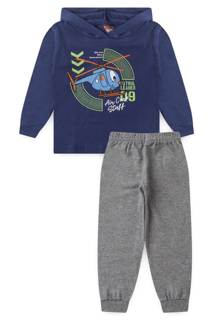 Conjunto Bebê Masculino Moletom Blusa com Capuz Marinho Helicóptero e Calça Cinza (1/2/3) - Cleomara