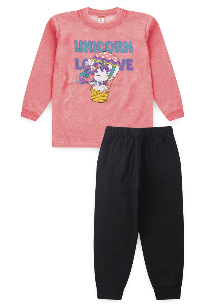 Conjunto Bebê Feminino Moletom Blusa Rosa Unicórnio e Calça Preta (1/2/3) - Cleomara