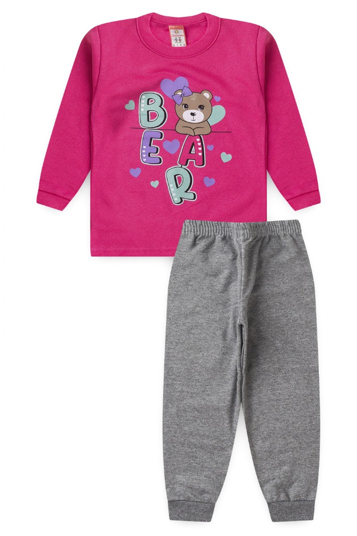 Conjunto Bebê Feminino Moletom Blusa Pink Bear e Calça Cinza (1/2/3) - Cleomara