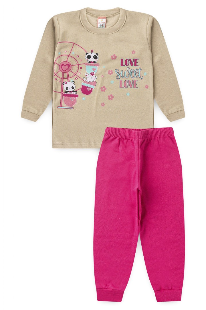 Conjunto Beb� Feminino Moletom Blusa Bege Roda Gigante e Cal�a Pink (1/2/3) - Cleomara