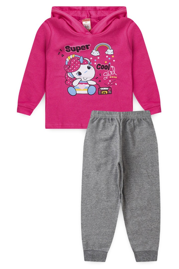 Conjunto Bebê Feminino Moletom Blusa com Capuz Pink Unicórnio e Calça Cinza (1/2/3) - Cleomara