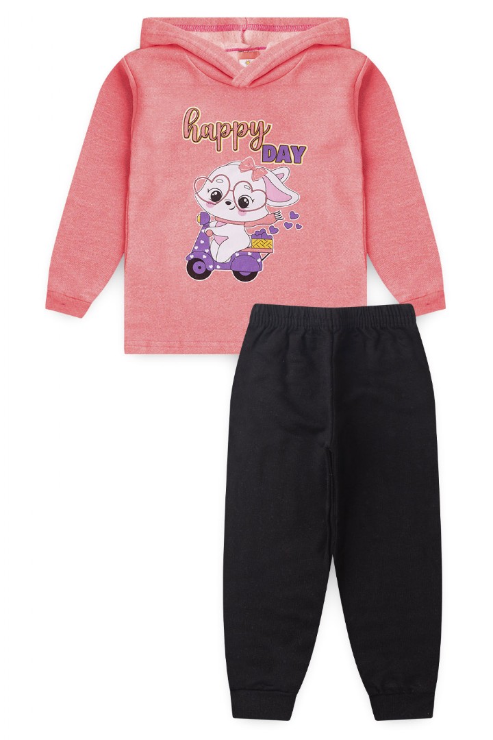 Conjunto Bebê Feminino Moletom Blusa com Capuz Rosa Coelhinha e Calça Preta (1/2/3) - Cleomara