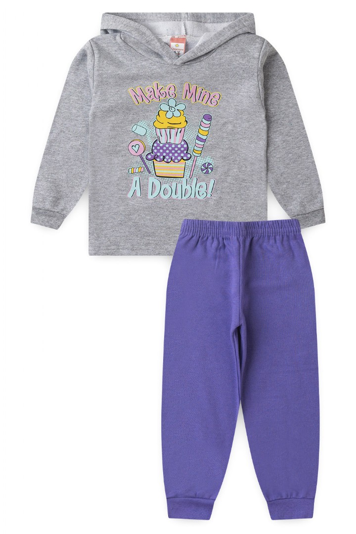 Conjunto Bebê Feminino Moletom Blusa com Capuz Mescla Cupcake e Calça Lilás (1/2/3) - Cleomara
