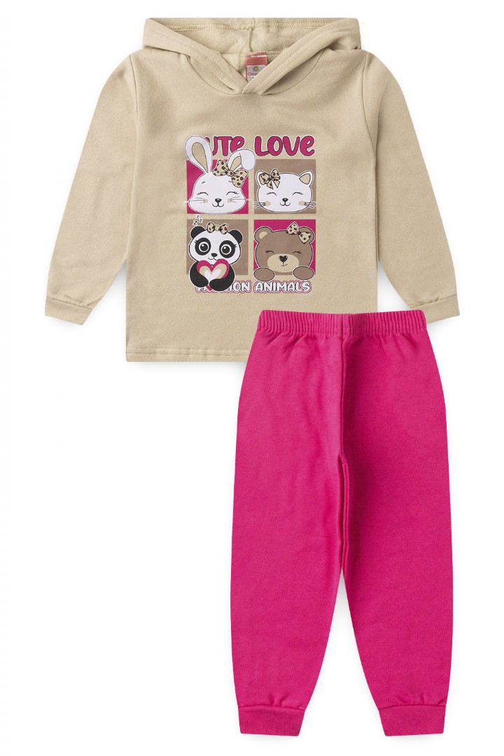 Conjunto Bebê Feminino Moletom Blusa com Capuz Bege Animais e Calça Pink (1/2/3) - Cleomara