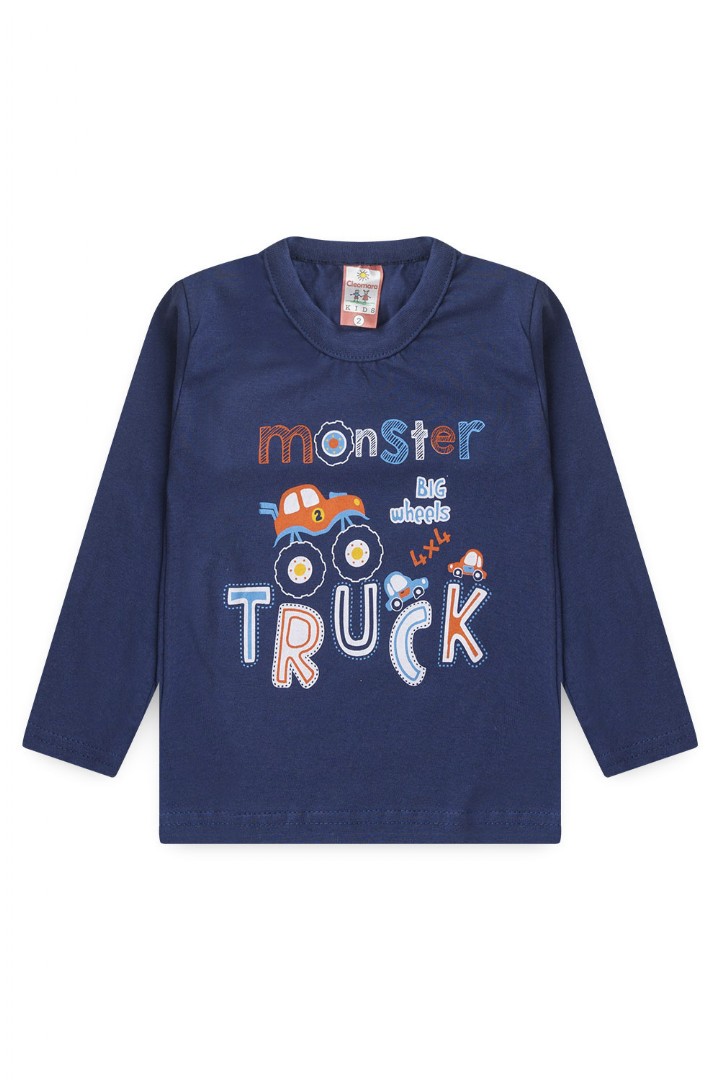 Camiseta Bebê Meia Malha Manga Longa Marinho Monster Truck (1/2/3) - Cleomara