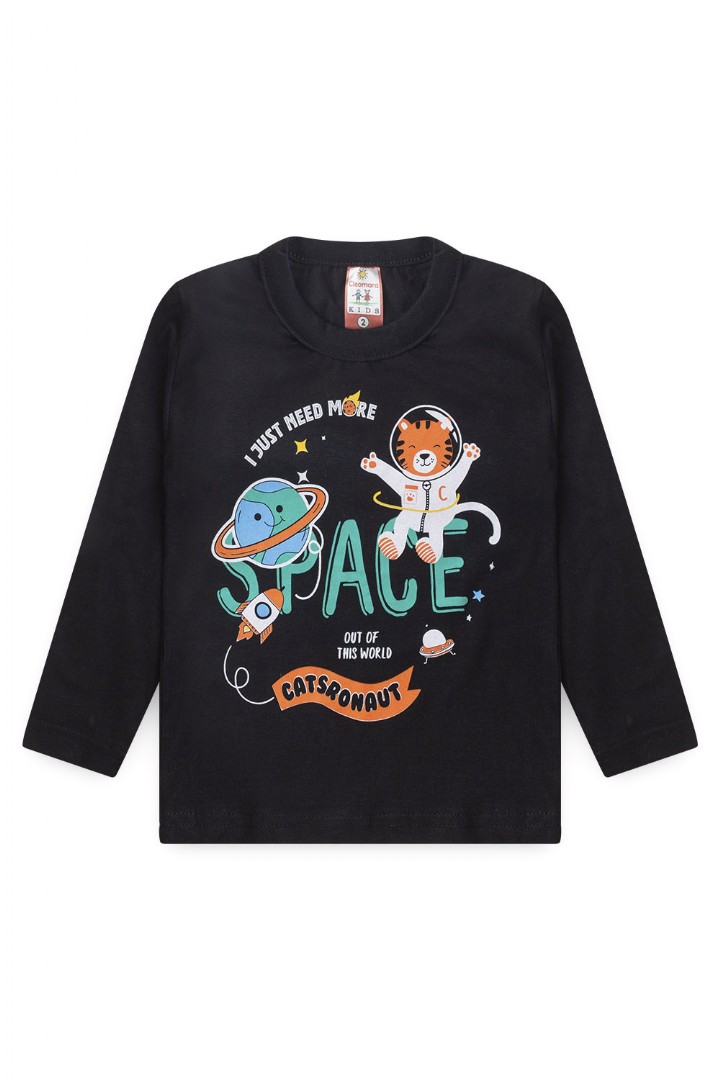 Camiseta Bebê Meia Malha Manga Longa Preta Space (1/2/3) - Cleomara