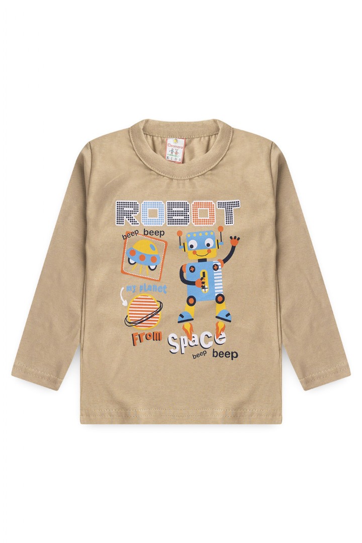 Camiseta Bebê Meia Malha Manga Longa Bege Robô (1/2/3) - Cleomara
