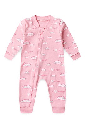 Macacão Bebê Feminino sem Pé Suedine Rosa Nuvenzinha (RN/P/M/G) - Bebê Fofuxo