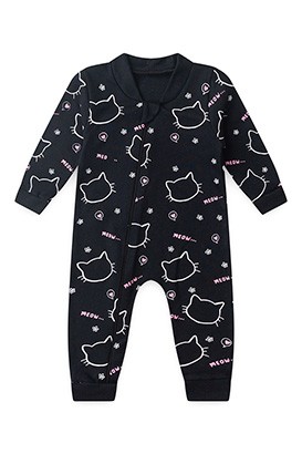 Macac�o Beb� Feminino sem P� Suedine Preto Gatinha (RN/P/M/G) - Beb� Fofuxo