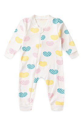 Macacão Bebê Feminino sem Pé Suedine Off White Corações (RN/P/M/G) - Bebê Fofuxo