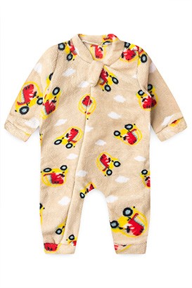 Macac�o Beb� sem P� Masculino Fleece Bege Carrinho (RN/P/M/G/1) - Beb� Fofuxo