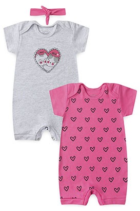 Kit Beb� Macac�o Banho de Sol 2 Pe�as Suedine Gatinho Cora��o (P/M/G/GG) - Orango Kids