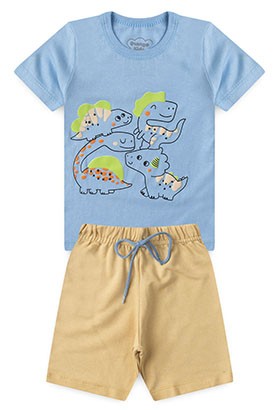 Conjunto Bebê Masculino Camiseta Azul Bermuda Bege Dino (M/G/1/2/3) - Orango Kids