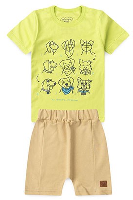 Conjunto Bebê Masculino Camiseta Verde Bermuda Bege Dogs (M/G/1/2/3) - Orango Kids