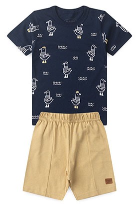 Conjunto Bebê Masculino Camiseta Marinho Bermuda Bege Gaivotas (M/G/1/2/3) - Orango Kids