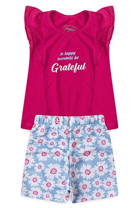 Conjunto Bebê Feminino Camiseta Pink Shorts Azul Floral (M/G/1/2/3) - Orango Kids