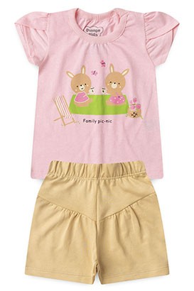 Conjunto Bebê Feminino Camiseta Rosa Shorts Bege Coelhinhos Pic-nic (M/G/1/2/3) - Orango Kids
