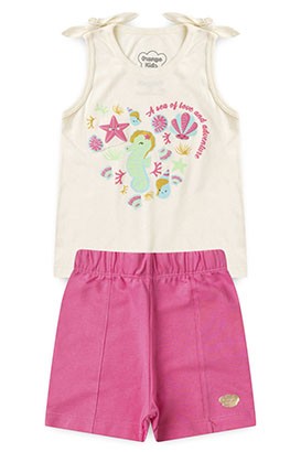 Conjunto Bebê Feminino Camiseta Off Shorts Rosa Esscuro Fundo do Mar (M/G/1/2/3) - Orango Kids